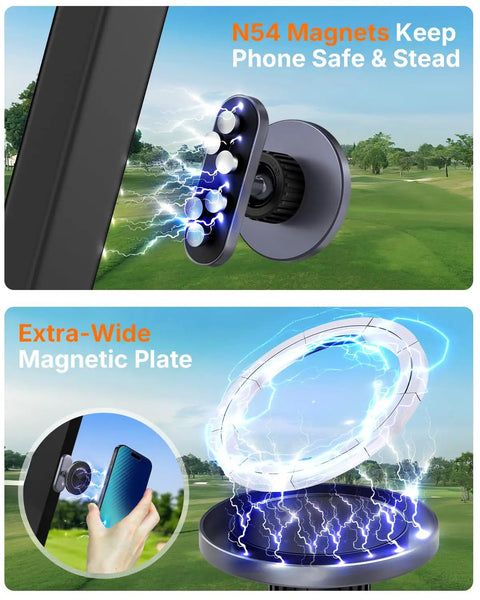 Magnetic Golf Cart Phone Holder That Snaps On And Keeps Your iPhone 16 Pro Max 15 14 13 12 Plus Stays Put On Bumpy Rides Perfect Golf Course Accessory For Men And Women Quick Install And Strong Hold, showing N54 magnets and extra-wide plate
