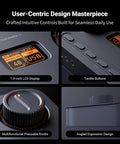 K7 DAC Headphone Amplifier showing LCD display, tactile buttons, pressable knobs, and ergonomic design for desktop gaming and HiFi music.
