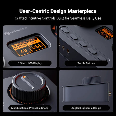 K7 DAC Headphone Amplifier showing LCD display, tactile buttons, pressable knobs, and ergonomic design for desktop gaming and HiFi music.