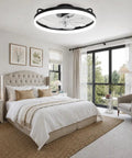 Sleek 20 Inch Flush Mount Ceiling Fan With Integrated Ambient Lighting And Smartphone App Controls Offering Six Gentle Airspeeds in a stylish bedroom.