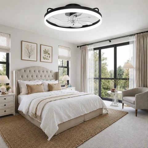 Sleek 20 Inch Flush Mount Ceiling Fan With Integrated Ambient Lighting And Smartphone App Controls Offering Six Gentle Airspeeds in a stylish bedroom.