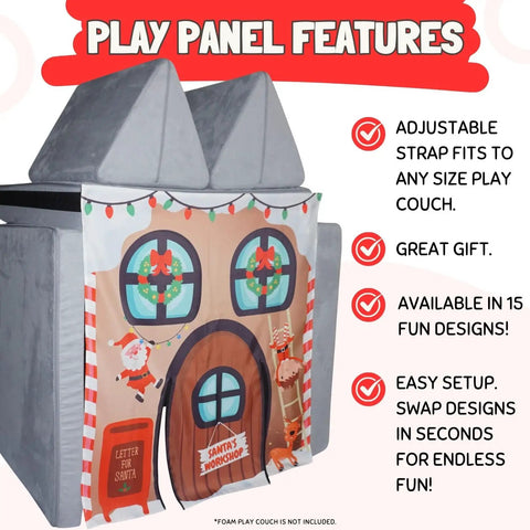 Santas Workshop Play Panel For Children Foam Sofa And Kids Couch featuring adjustable features and festive Santa illustration