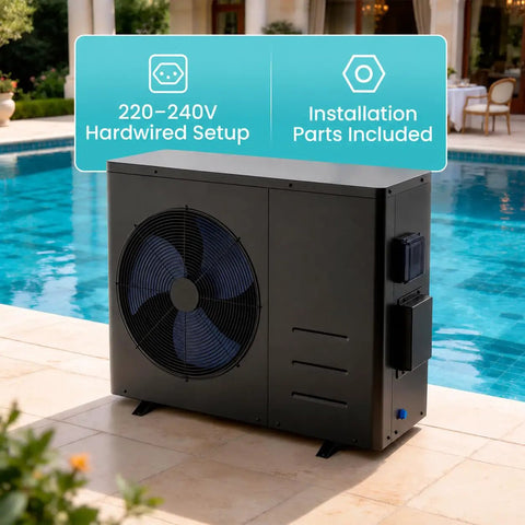 Extend Your Backyard Swim Season Way Past Late Summer With This Energy Smart Electric Pool Heat Pump with fan at poolside.