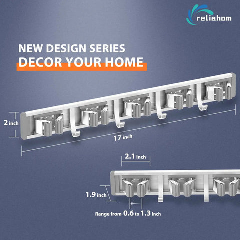 Wall Mount Broom Holder Storage Rack Kit 2 Pack With 5 Racks And 4 Hooks Silver Mop Organizer dimensions and design details