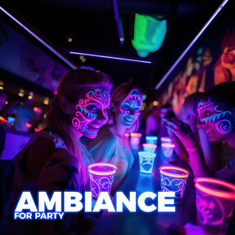 UV LED Blacklight Bar 9W 2Ft T5 Integrated Fixture in action at a glowing party, highlighting face paint and decor.