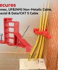 Heavy Duty Multi Cable Staples For Romex And Ethernet, red plastic clips securing CAT 5 and UF cables, ideal for home improvement projects.