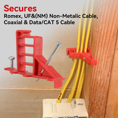 Heavy Duty Multi Cable Staples For Romex And Ethernet, red plastic clips securing CAT 5 and UF cables, ideal for home improvement projects.