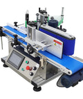 Smooth Operator High Speed Automatic Round Bottle Labeling Machine With Desktop Conveyor Belt showing blue conveyor with controls.