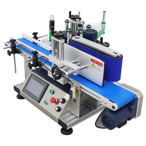 Smooth Operator High Speed Automatic Round Bottle Labeling Machine With Desktop Conveyor Belt showing blue conveyor with controls.