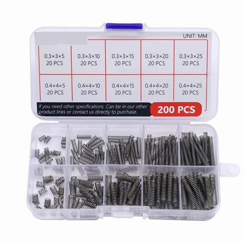 Mini 304 Stainless Steel Compression Springs Kit 0.3-0.4mm, 600 Pieces, Assortment in plastic case with various spring sizes visible.