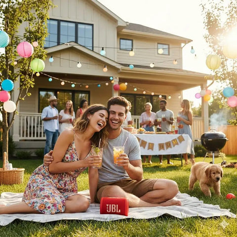 Outdoor party with people relaxing on a blanket in a garden, featuring a red JBL portable speaker, decorative lights, and food table.