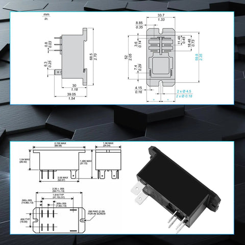 Beefy 12V DC 30A General-Purpose Relay For PCB Or Panel Mount, DPST-NO, Flange, shown with technical drawings and dimensions.