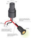 Wiring diagram of Compact LED Dimmer Knob with Rotary Control for 12-24V LEDs, showing wire connections and brightness control.