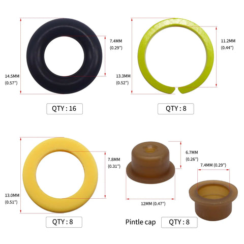 Components of Fuel Injector Seal Kit For Ford Lincoln Mercury Vehicles 4.6L 5.0L 5.4L 5.8L DIY Friendly Rebuild Kit with measurements.