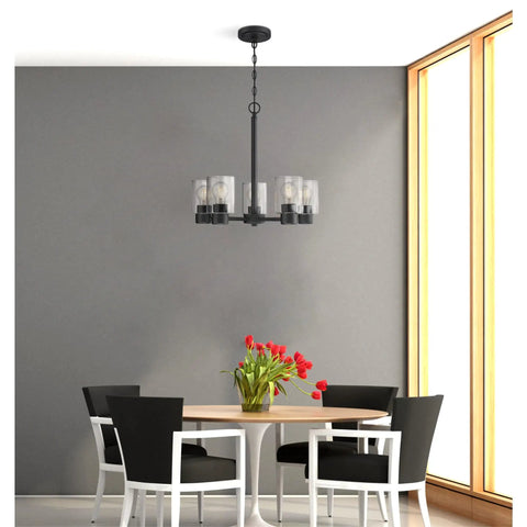 Five Light Indoor Chandelier in Matte Black Finish With Clear Glass Cool Modern Vibe For Dining Rooms And Foyers Sloped Ceiling Ready
