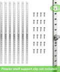 Heavy Duty 17 Inch Pilaster Shelf Brackets Set Of 8 Adjustable Mortise Wall Rails Featuring Rust Proof Galvanized Carbon Steel, includes screws.