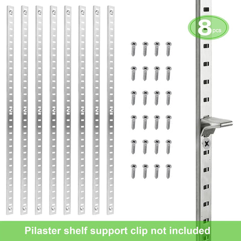 Heavy Duty 17 Inch Pilaster Shelf Brackets Set Of 8 Adjustable Mortise Wall Rails Featuring Rust Proof Galvanized Carbon Steel, includes screws.