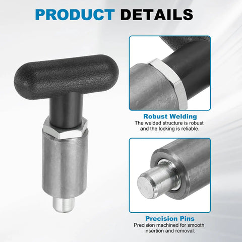 Premium Alloy Steel Spring Loaded Pull Pins, Tough As Nails Quick Release Knobs for Precision Clamping and Heavy Duty Tool Holding close-up details.