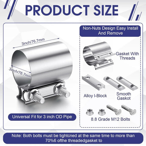 Four Pack Three Inch Exhaust Clamps Stainless Steel Muffler Band Sleeve Couplers for pipes product diagram with dimensions