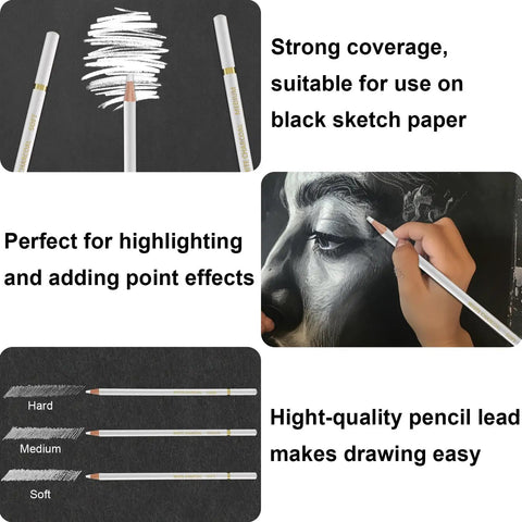White Charcoal Pencils Set, Pack of 12 for Drawing and Highlighting shown with examples of use on black paper, bold and precise lines