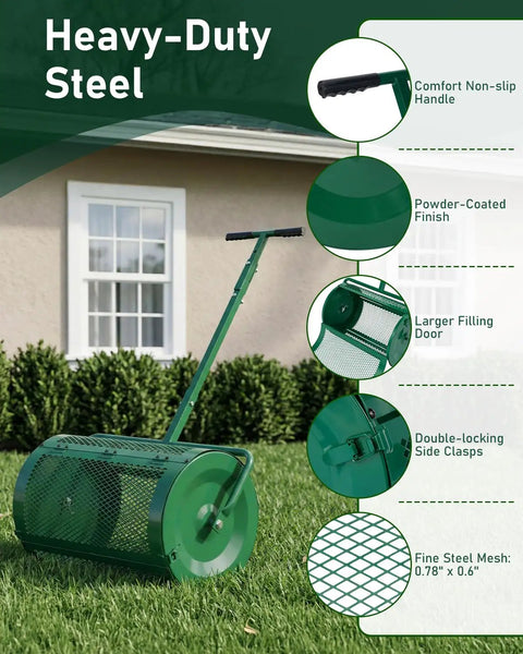 Heavy Duty Workhorse 24 Inch Compost Spreader with Push and Tow Handle, adjustable height, powder-coated steel, lawn use