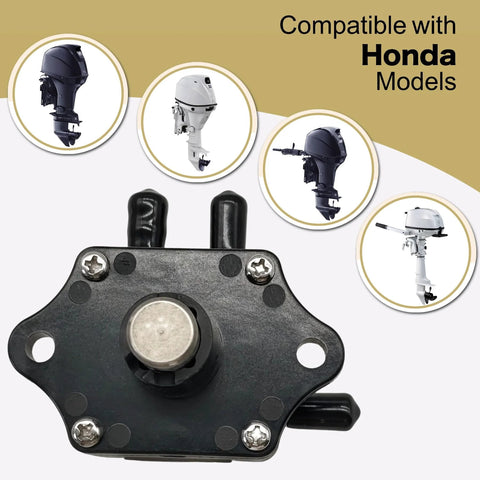Fuel Pump Replacement For Honda BF Outboard Engines 25HP 30HP 35HP 40HP 45HP 50HP 75HP 90HP Durable Marine Part That Fits 16700-ZW1-004 And 16700-ZV5-003 Easy Install And Reliable Fuel Delivery, shown with compatible Honda models.