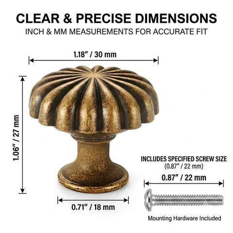 Heavy Duty 15 Piece Antique Brass Cabinet Knobs Offering A Hella Smooth Vintage Sunburst Finish, 30mm wide, 27mm tall hardware detail.