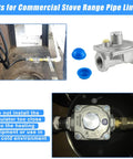 3/4 in natural gas pressure regulator for NG/LPG, adjustable, with blue protective caps; installed on gas line.