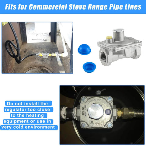 3/4 in natural gas pressure regulator for NG/LPG, adjustable, with blue protective caps; installed on gas line.