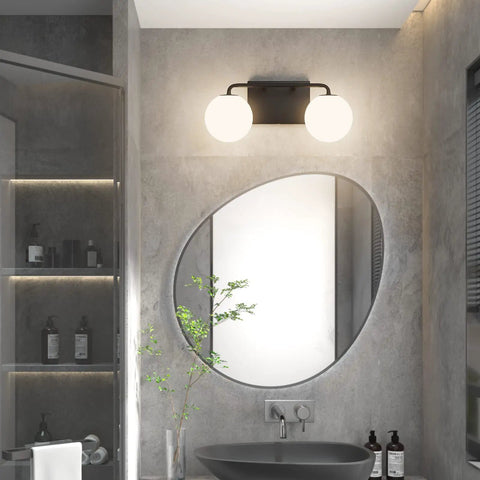 Two Light Mid Century Vanity Lights Over Mirror Matte Black With Milk White Glass Globes Dope Industrial Farmhouse Bathroom Lighting Fixture Set IP44 Waterproof Easy Install Vintage Style Bath Glow