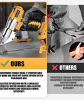 Cordless Metal Shears Brushless 20V Max Tool Only With 360 Degree Pivoting Head cutting sheet metal next to manual scissors