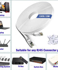 Six Foot White Flat Cat6 Ethernet Cable With Snagless RJ45 Connectors For Quick Modem And Router Setup, includes clips.