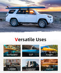 Soft Roof Rack Pad Kit Dope For Surfboard Kayak And Canoe With 2 Tie Down Straps 2 Ropes Hood Loops And Storage Bag Heavy Duty Roof Rack System For Cars SUVs And More 32 Inch installed on SUV, carrying surfboard.