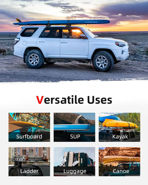 Soft Roof Rack Pad Kit Dope For Surfboard Kayak And Canoe With 2 Tie Down Straps 2 Ropes Hood Loops And Storage Bag Heavy Duty Roof Rack System For Cars SUVs And More 32 Inch installed on SUV, carrying surfboard.