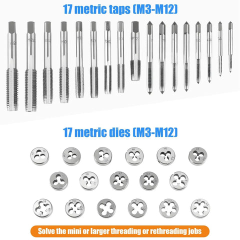 Eujgoov Metric Tap And Die Set With 17 Pieces For Metal Wood Threading Tools Wrench Screwdriver Pitch Gauge Repair Kit for Iron Aluminum Copper Common Materials 17 metric taps and dies M3-M12