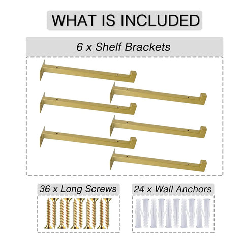 Gold 12 Inch Floating Shelf Brackets Set Of 6 With Lip Heavy Duty Industrial Wall Mounted Shelf Supports for Kitchen and Bathroom