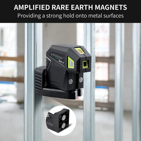 5 Point Green Laser Level With Self Leveling Dots And Magnetic Base, Plumb Up And Down Beams, 131 Foot Range, Includes 2 AA Batteries And Pouch, Pro Grade DIY Favorite For Quick, Accurate Layouts From Floor To Ceiling mounted on metal stud