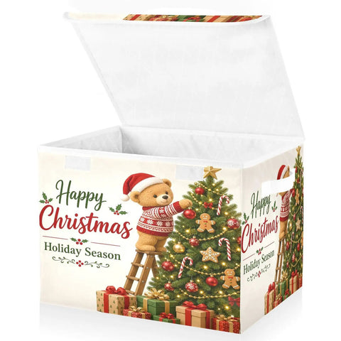 Foldable Storage Bin With Lid Handles Clutter Slayer Game Changer For Bedroom Organization with festive Christmas design.