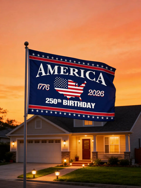 Patriotic 3x5 Ft Double Sided Three Layer American Flag For Outdoors And Indoors against sunset backdrop, house in background