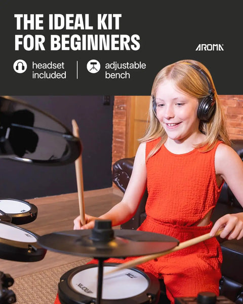 Child playing Electronic Drum Set With 4 Quiet Mesh Pads And 2 Pedals Portable Solid Build Bluetooth Ready Includes Drum Module Throne Headphones.