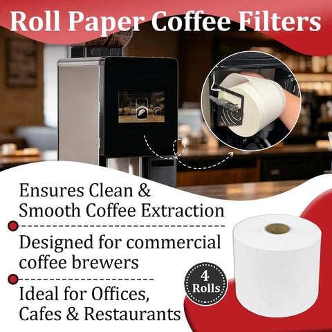 Close-up of Four Roll Heavy Duty Coffee Filter Paper Game Changer Compatible With Commercial Brewers thick white sheets in use.