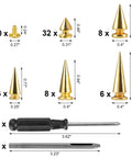 Top Shelf 70 Piece Gold Screwback Spike Studs Set Zinc Alloy assorted shapes with measurements for leather work DIY projects.