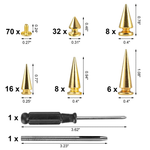 Top Shelf 70 Piece Gold Screwback Spike Studs Set Zinc Alloy assorted shapes with measurements for leather work DIY projects.