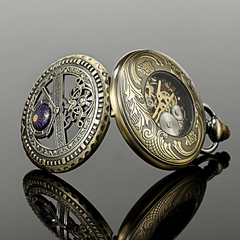 Dope Mechanical Pocket Watch With Skeleton Sun And Moon Dial Bronze Case Chain And Box Included Vintage Cosmos Design For Men And Women Elegant Timepiece For Everyday Wear
