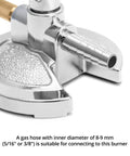 Pro Grade Lab Bunsen Burner For Natural Gas And Propane with zinc alloy base and copper tubing, close-up connection view