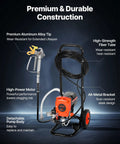 Pro Level Stand Airless Paint Sprayer Beefy 900W Motor Pushing A Solid 3300 Psi Right Off The Wheeled Cart Complete Starter Pack With Heavy Duty Hose Long Extension Pole And Assorted Tips To Knock Out Interior Or Exterior Jobs Quickly showcasing aluminum tip, high-strength tube, and powerful motor.
