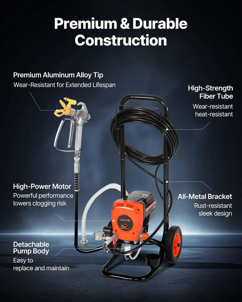 Pro Level Stand Airless Paint Sprayer Beefy 900W Motor Pushing A Solid 3300 Psi Right Off The Wheeled Cart Complete Starter Pack With Heavy Duty Hose Long Extension Pole And Assorted Tips To Knock Out Interior Or Exterior Jobs Quickly showcasing aluminum tip, high-strength tube, and powerful motor.