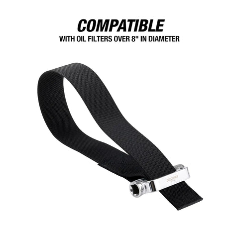 Oil Filter Strap Wrench 27 Inch Heavy Duty Nylon Tool For Oversized Filters Over 8 Inches Dual Drive Compatible With 3/8 And 1/2 Inch Drive Tools No Slip Grip For Stubborn Filters shown against white background