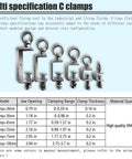 A set of multi-specification C clamps showing various sizes, with a specification chart indicating jaw opening and material quality.