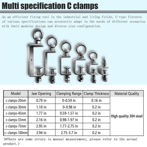 A set of multi-specification C clamps showing various sizes, with a specification chart indicating jaw opening and material quality.